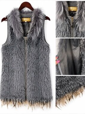 Donna by Donna Vinci Faux Fur Vest | Feather Trim | Glam Statement Piece | Large